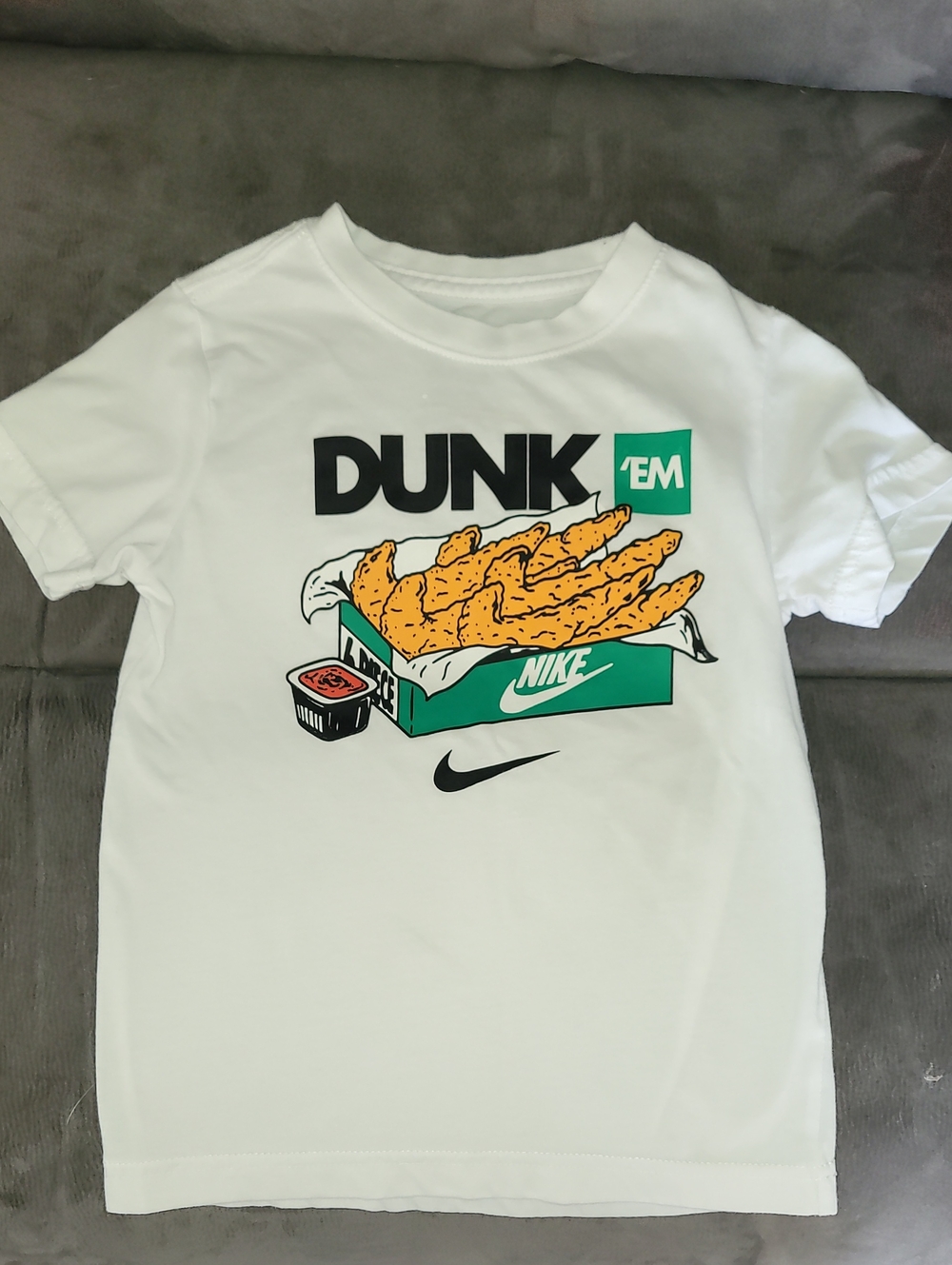 Nike White Short Sleeve Tee with Black, Green and Yellow Dunk Em